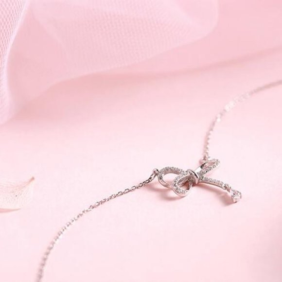 NEW 925 Sterling Silver Diamond Bow knot Necklace - Picture 10 of 11